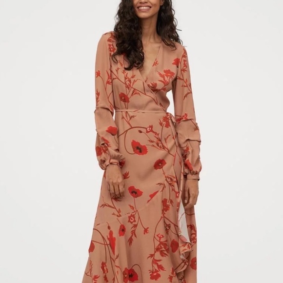 Johanna Ortiz X H&M Maxi Wrap Dress Blogger Favorite Floral Tan Red Size Large - Picture 4 of 16